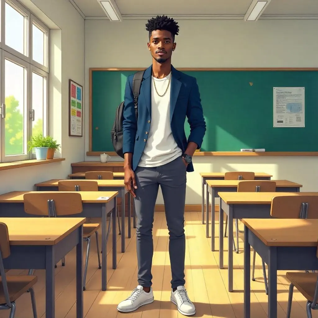 Stylish Black Man in an Anime Classroom Scene