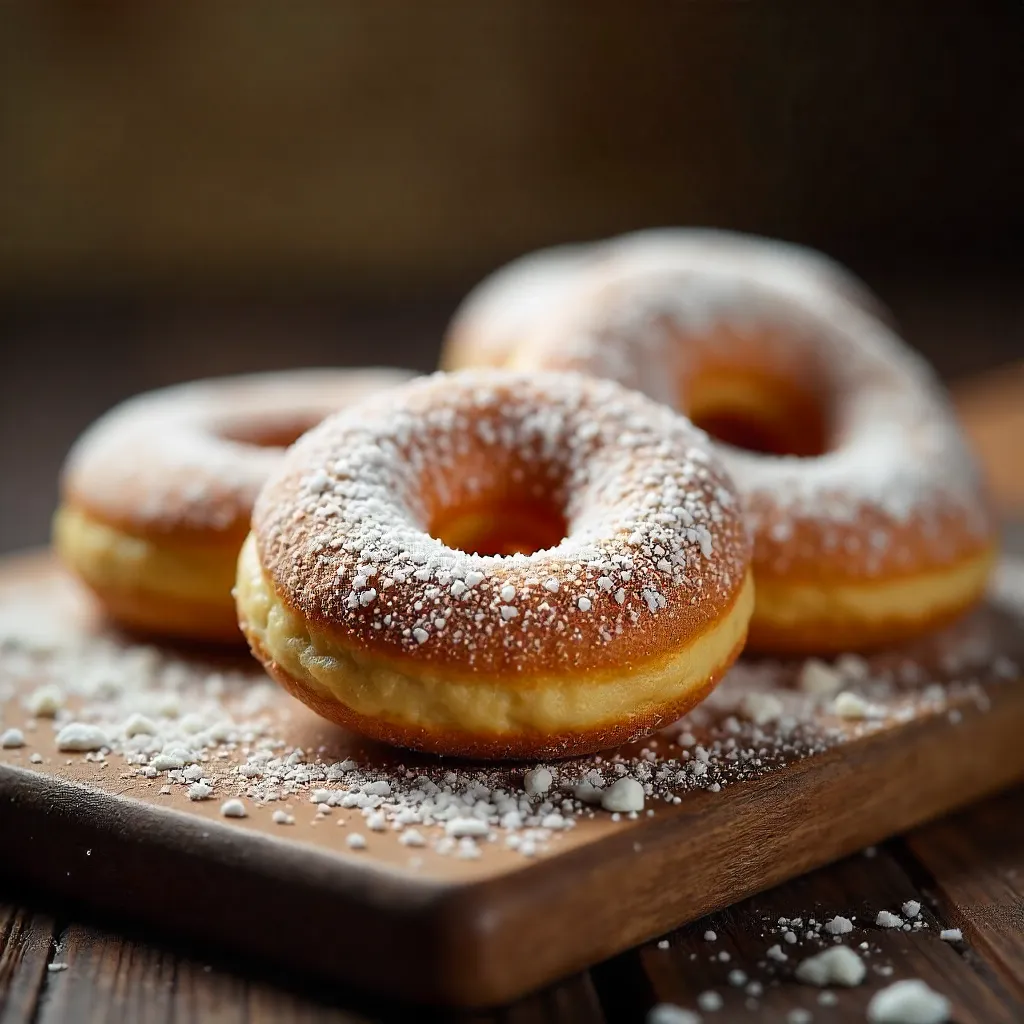 Close-Up Powdered Donuts on Rustic Wooden Board