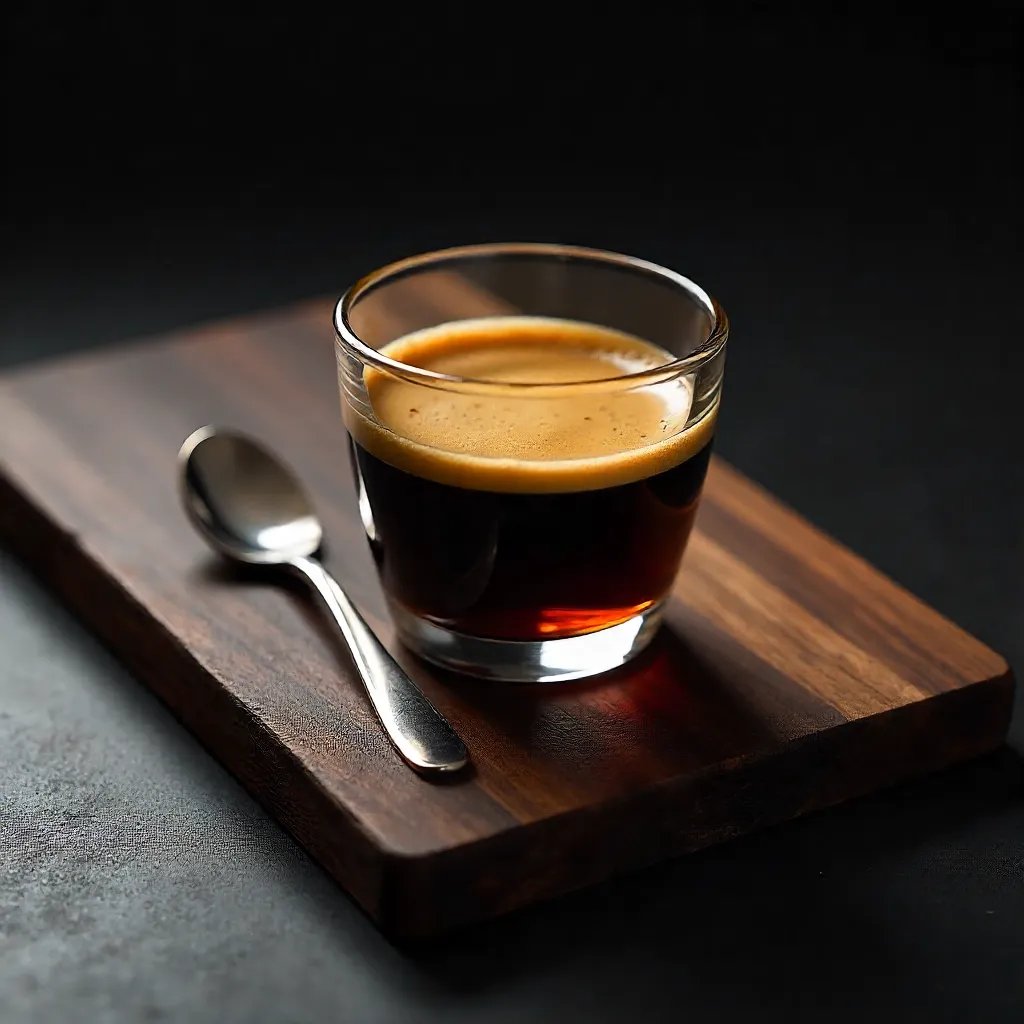 Minimalist Espresso in Glass on Dark Wood Board