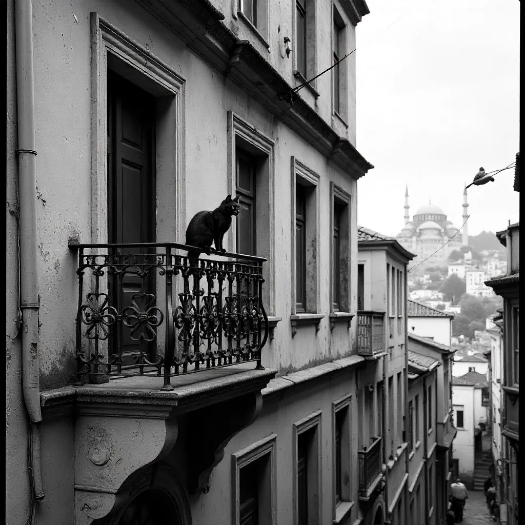 Monochrome Istanbul Building with Balcony Cat