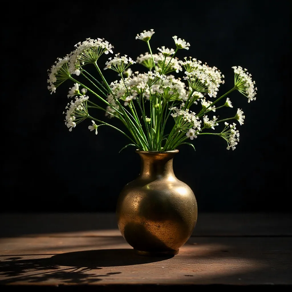 Chiaroscuro Gypsophila in a Rustic Brass Vase