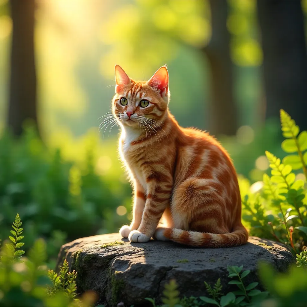 Ginger Tabby on a Sunlit Rock Amid Greenery