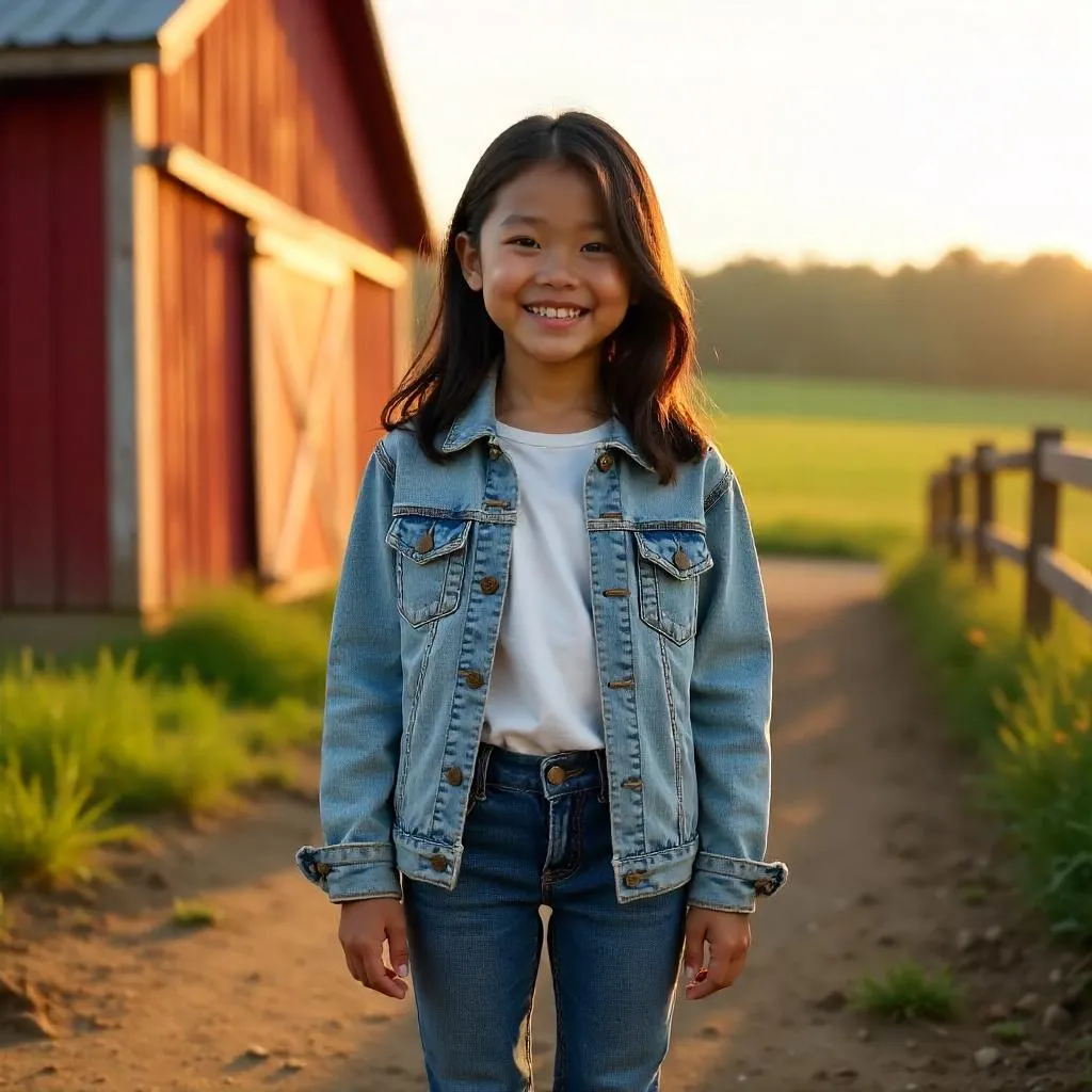 Cheerful Asian girl on a sunlit farm