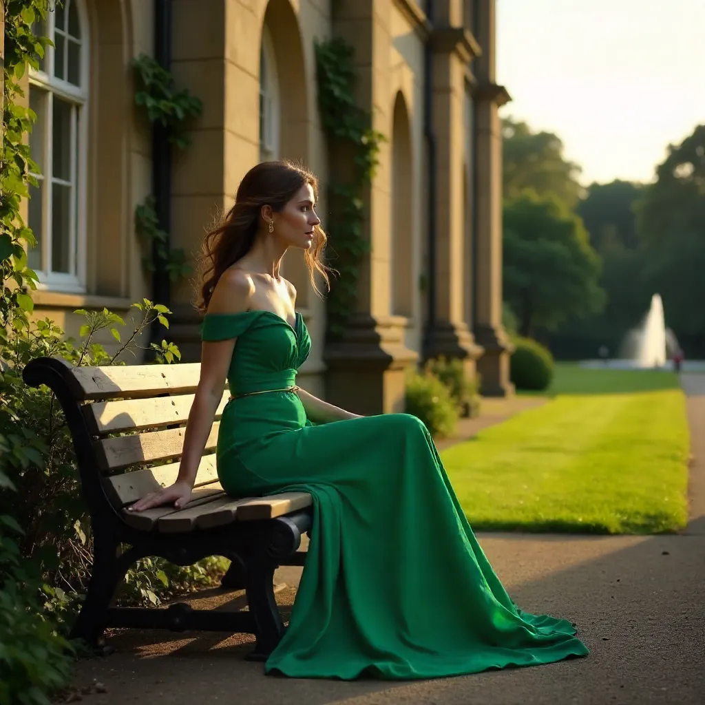 Emerald Gown by the Historic Building Bench