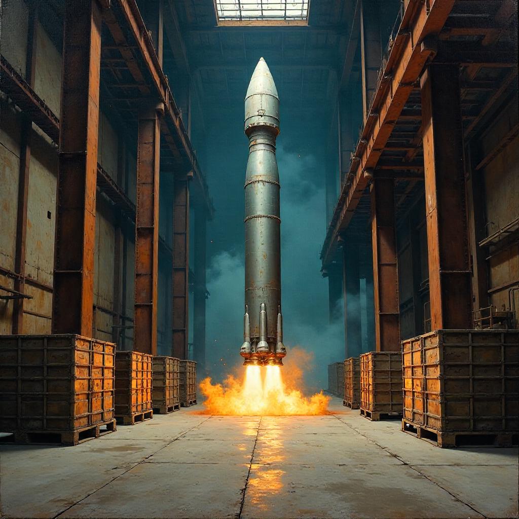 Oil Painting: Rocket in an Industrial Warehouse