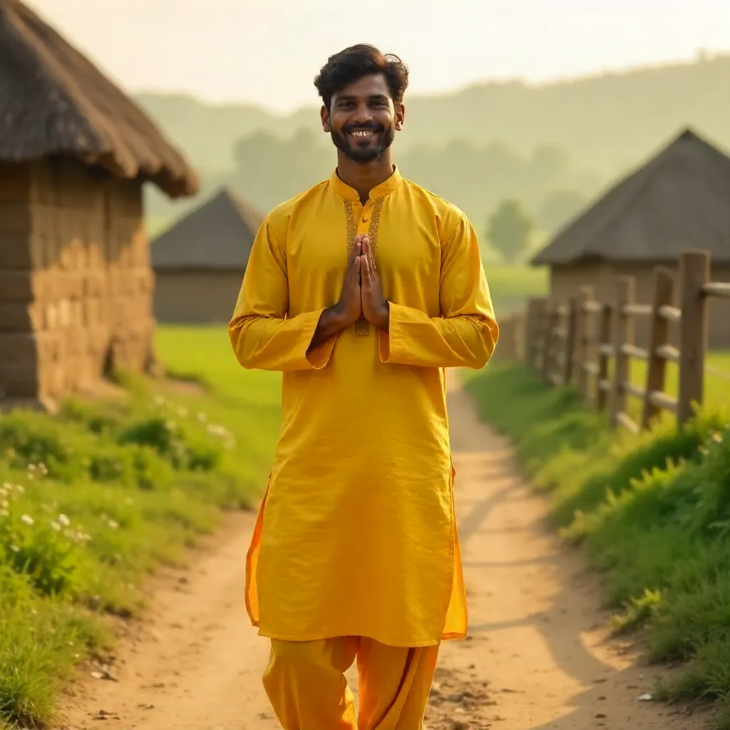 Greeting in the Countryside: Young Man in Yellow Traditional Outfit