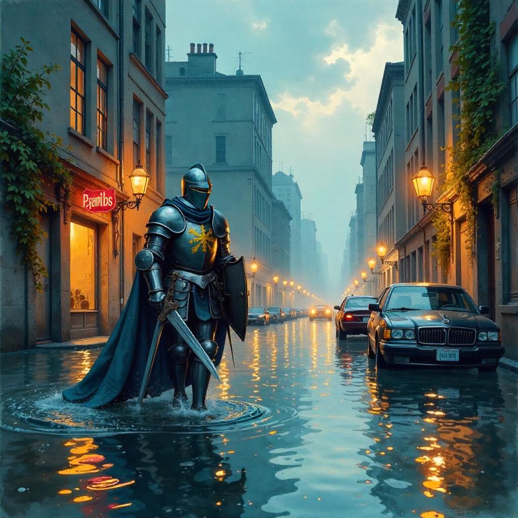 Knight in a Flooded City: Watercolor Reverie