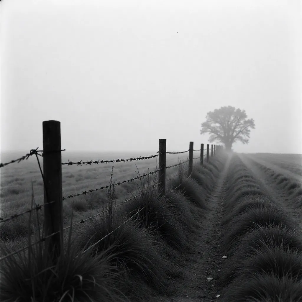 Foggy Bolu Field with Barbed Wire Fence