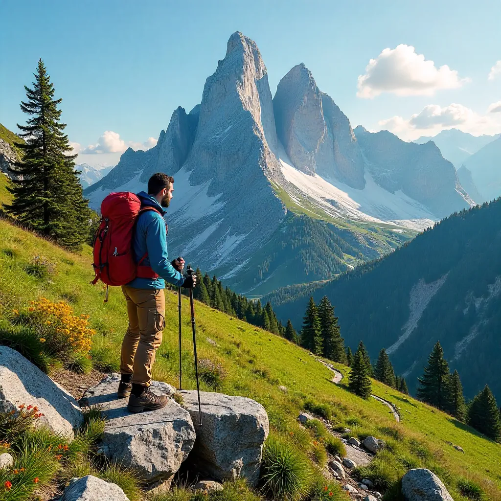 Hiker Amid Alpine Scenery with Ossau Peak