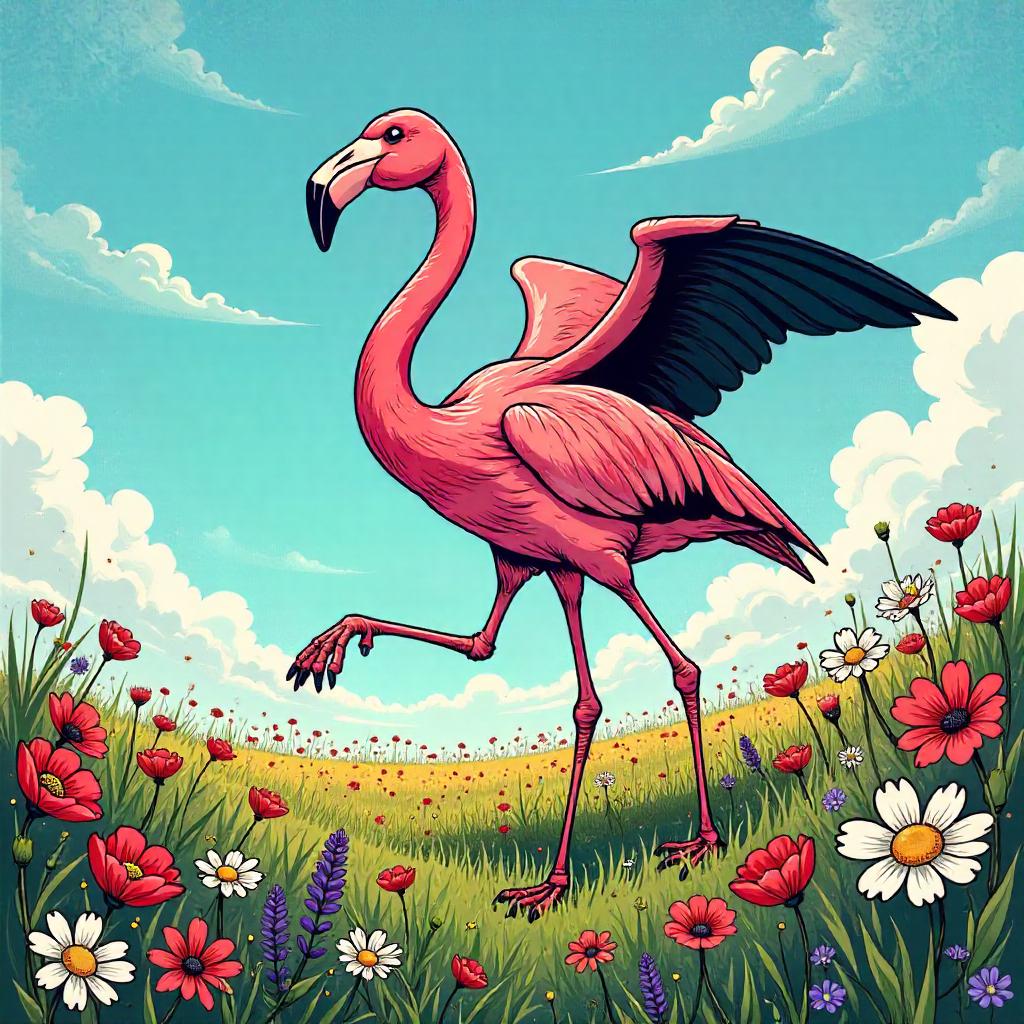 Flamingo Hero in a Flower Field: Comic Splash