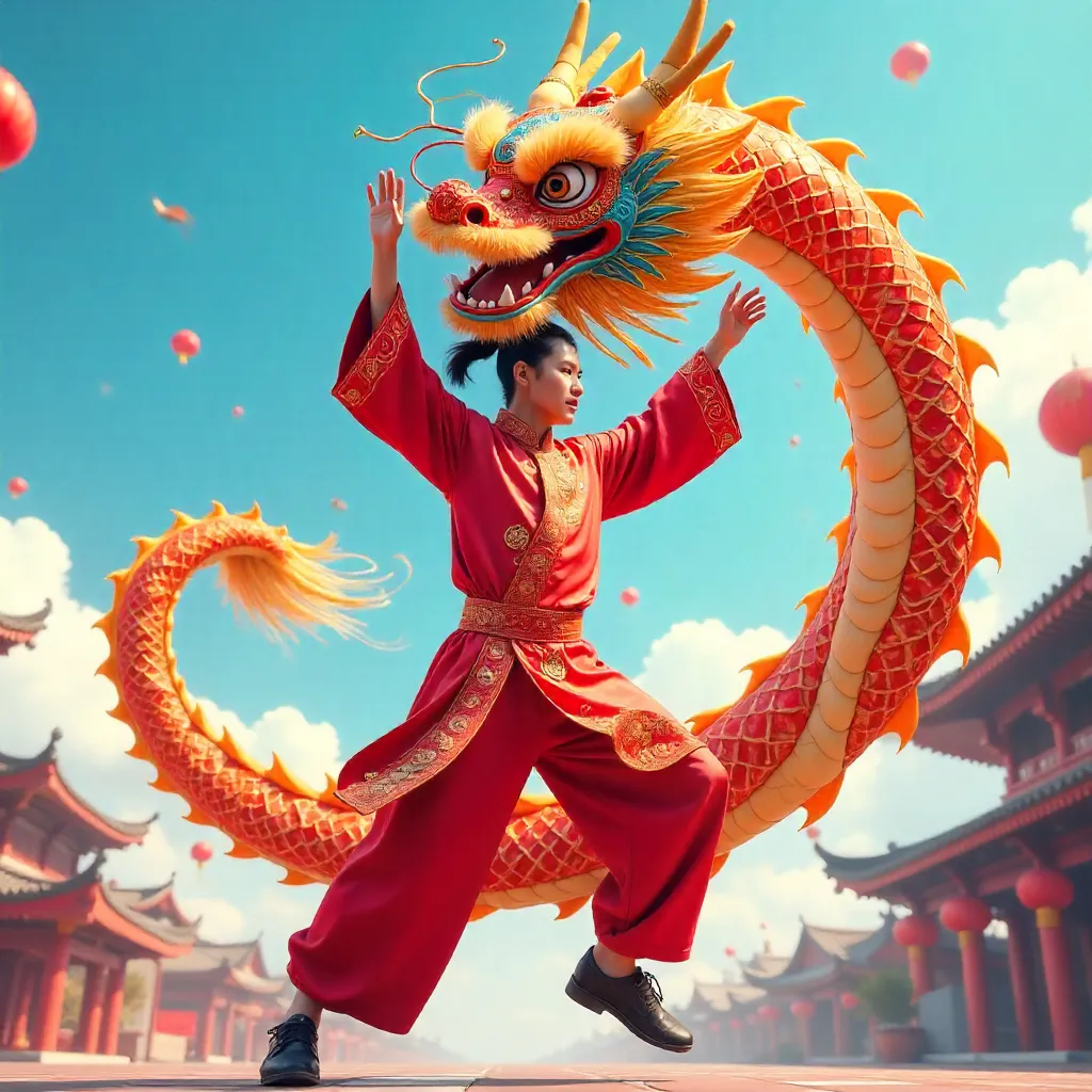 Vivid Dragon Dance Under a Clear Blue Sky
