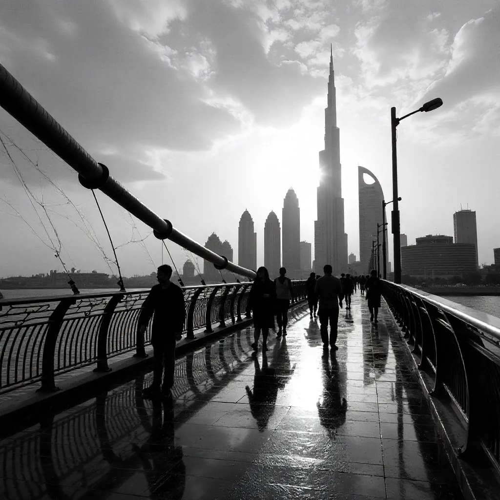 Dubai Downtown Footbridge in Monochrome Skyline