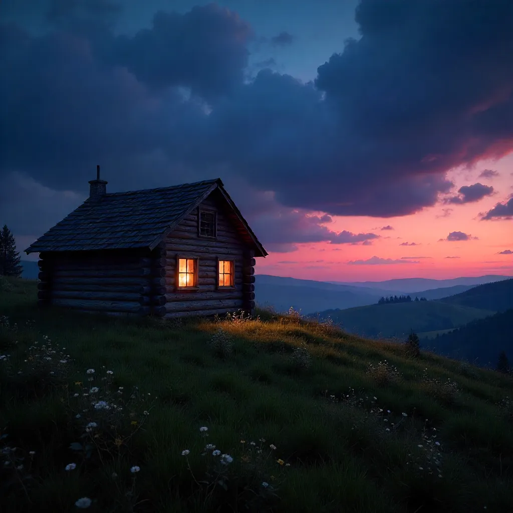 Twilight Rustic Cabin Over Open Grassland