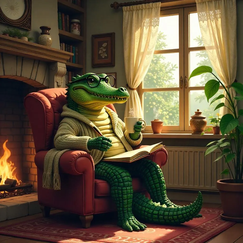 Crocodile in a Cozy Cottage - Digital Art