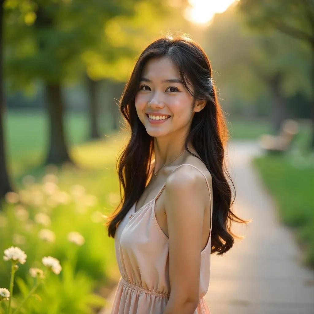 Sunlit Park Portrait of a Beautiful Asian Woman