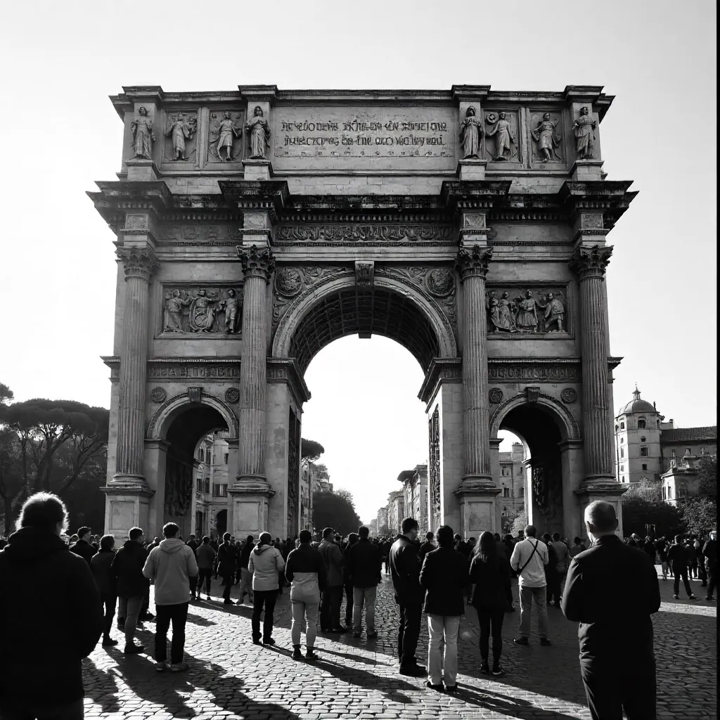 Black and White Arch of Constantine with Tourists, Rome