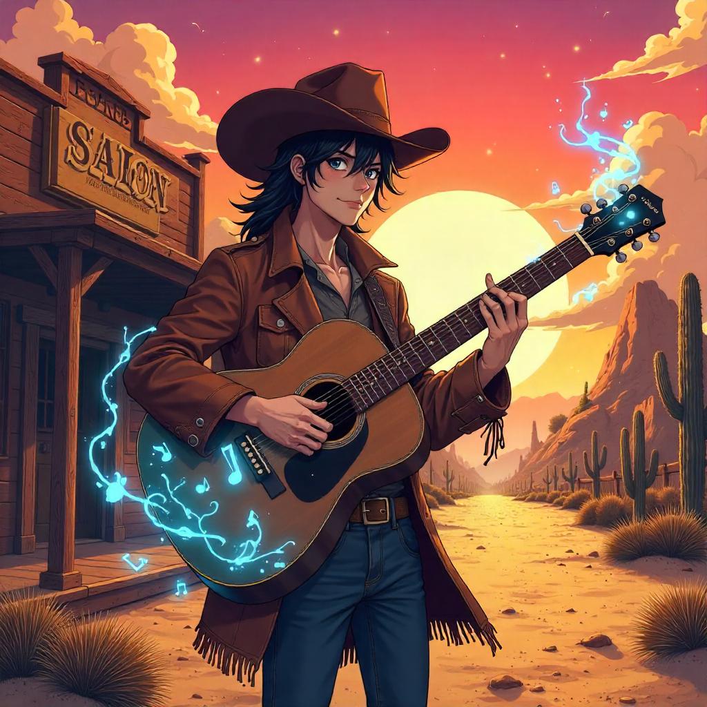 Anime Cowboy Musician Strums in the Wild West