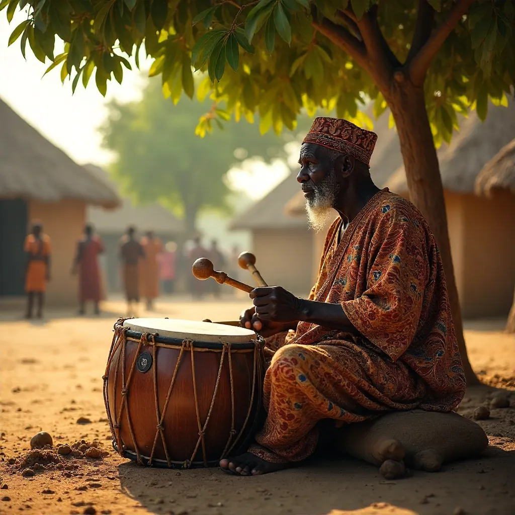 Elderly Nigerian Drummer with Talking Drum Outdoors
