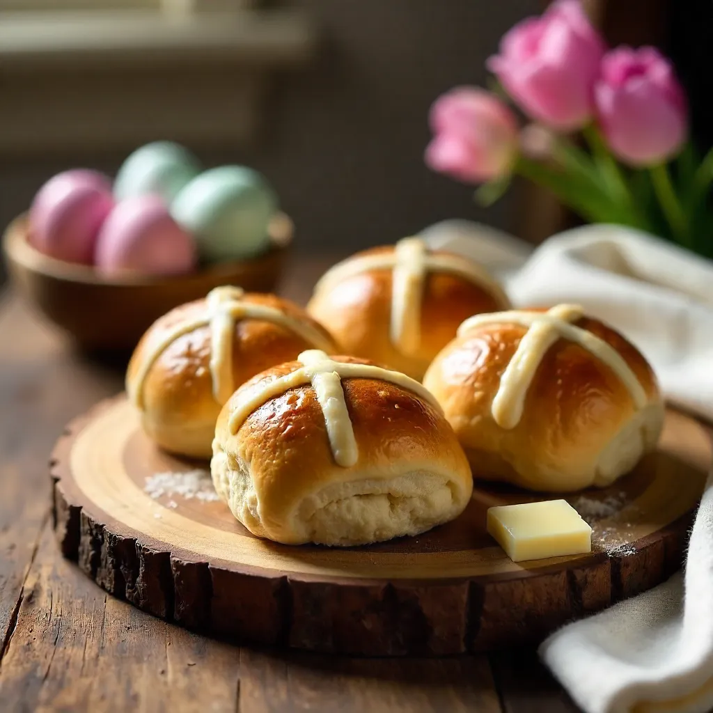 Fresh Hot Cross Buns on Rustic Easter Board