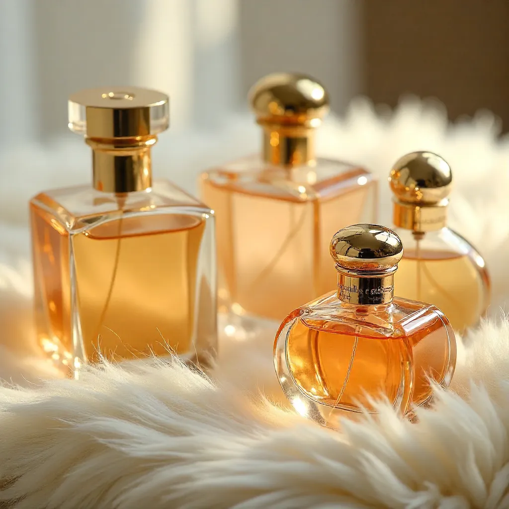 Luxurious Perfume Bottles on Plush Ivory Fur