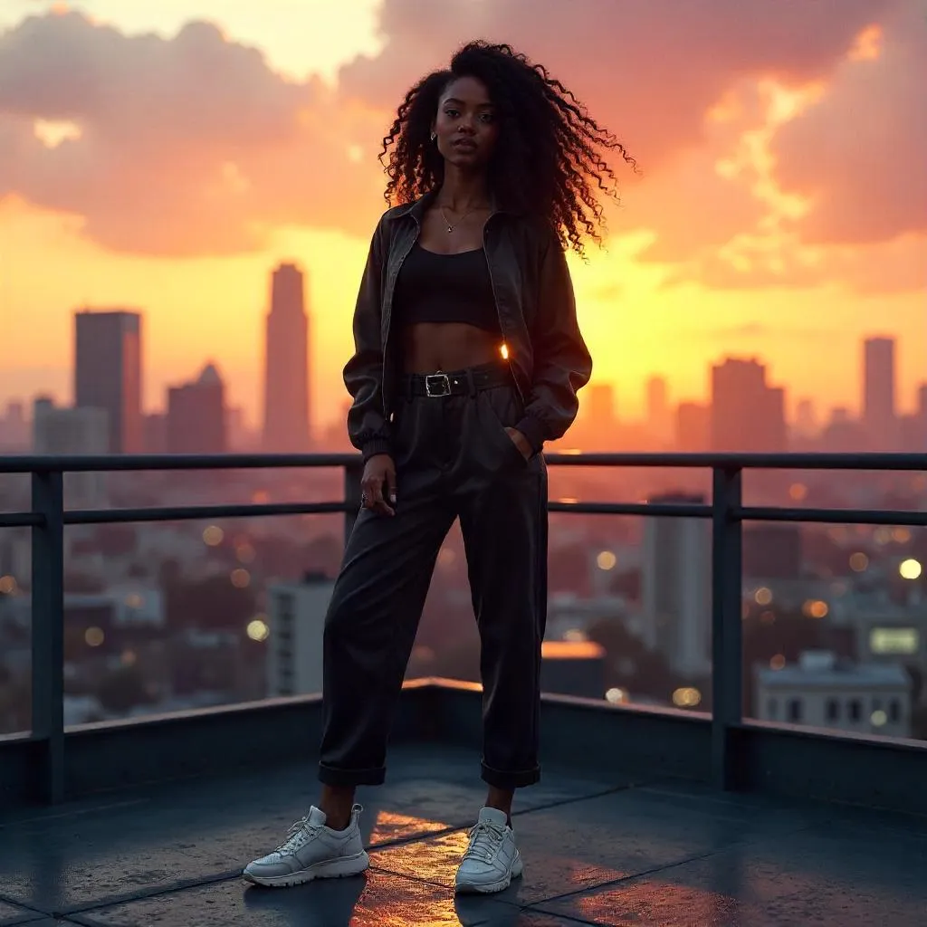 Golden Hour Rooftop Portrait: 3D Render of a Black Woman