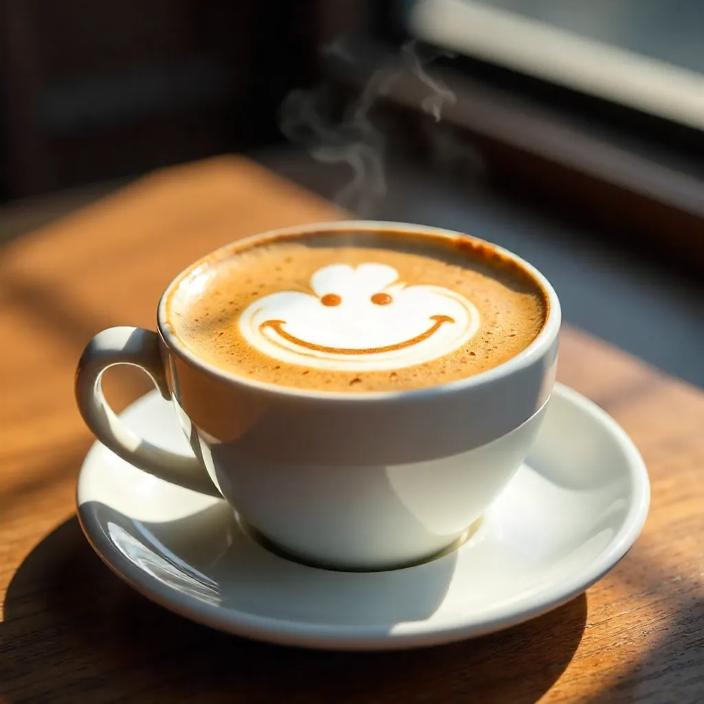 Smiley Latte Art on a Warm Wooden Table in Natural Light