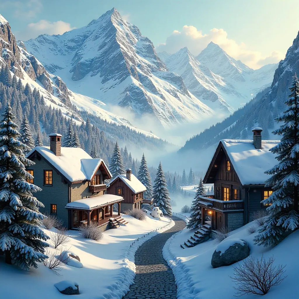 Snow-Capped Village Among Majestic Alpine Peaks