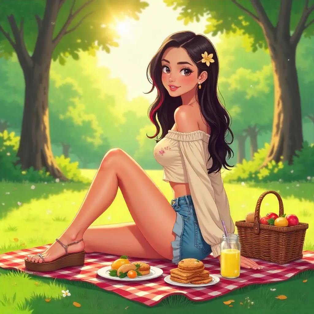 Stylish Latina Woman at a Sunny Picnic - Anime Style