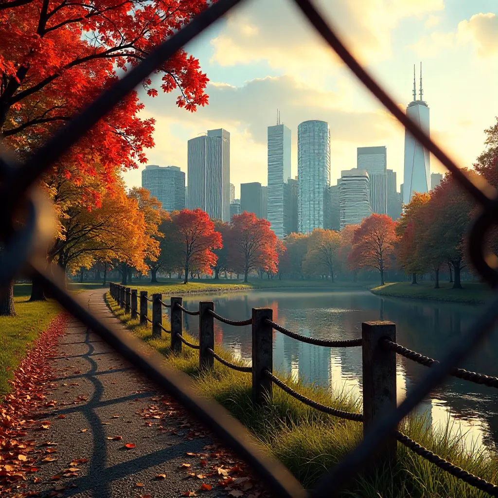 Autumn Skyline Framed by Chain-Link Fence