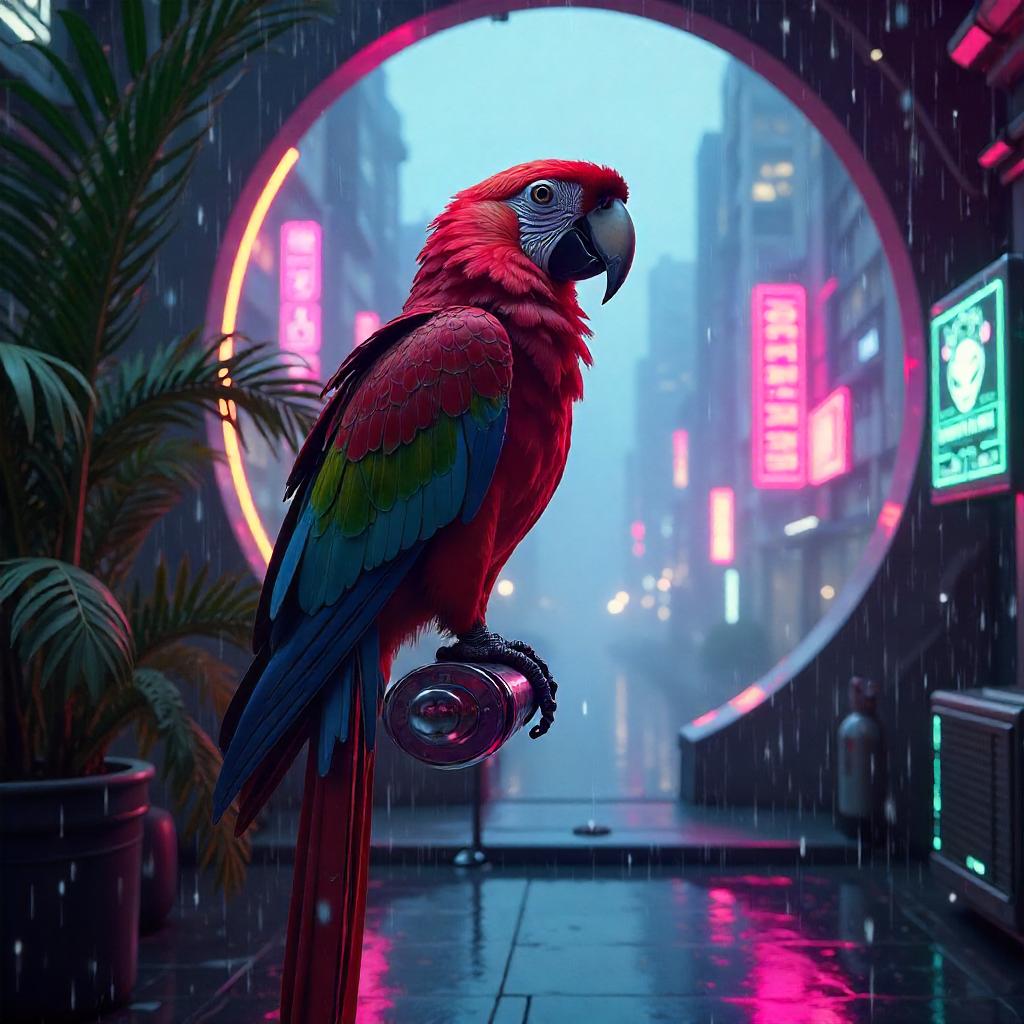 Neon Parrot in a Cyberpunk Holodeck
