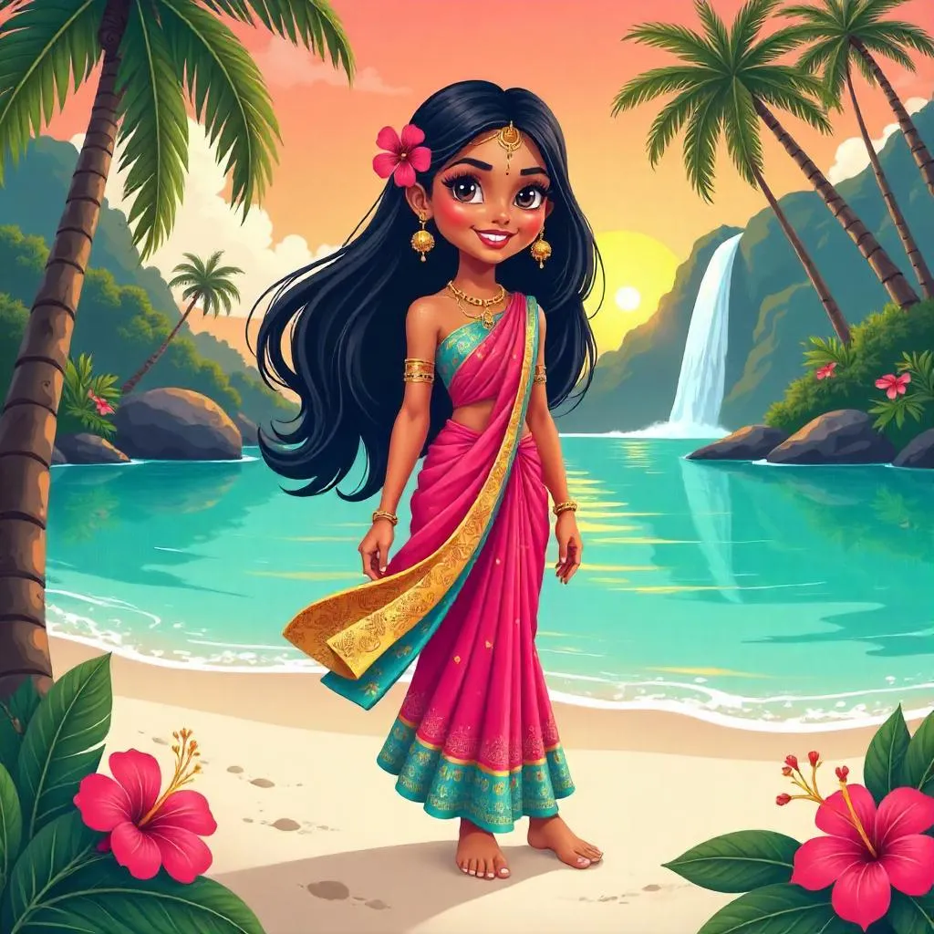 Cartoon Indian Beauty in a Tropical Paradise