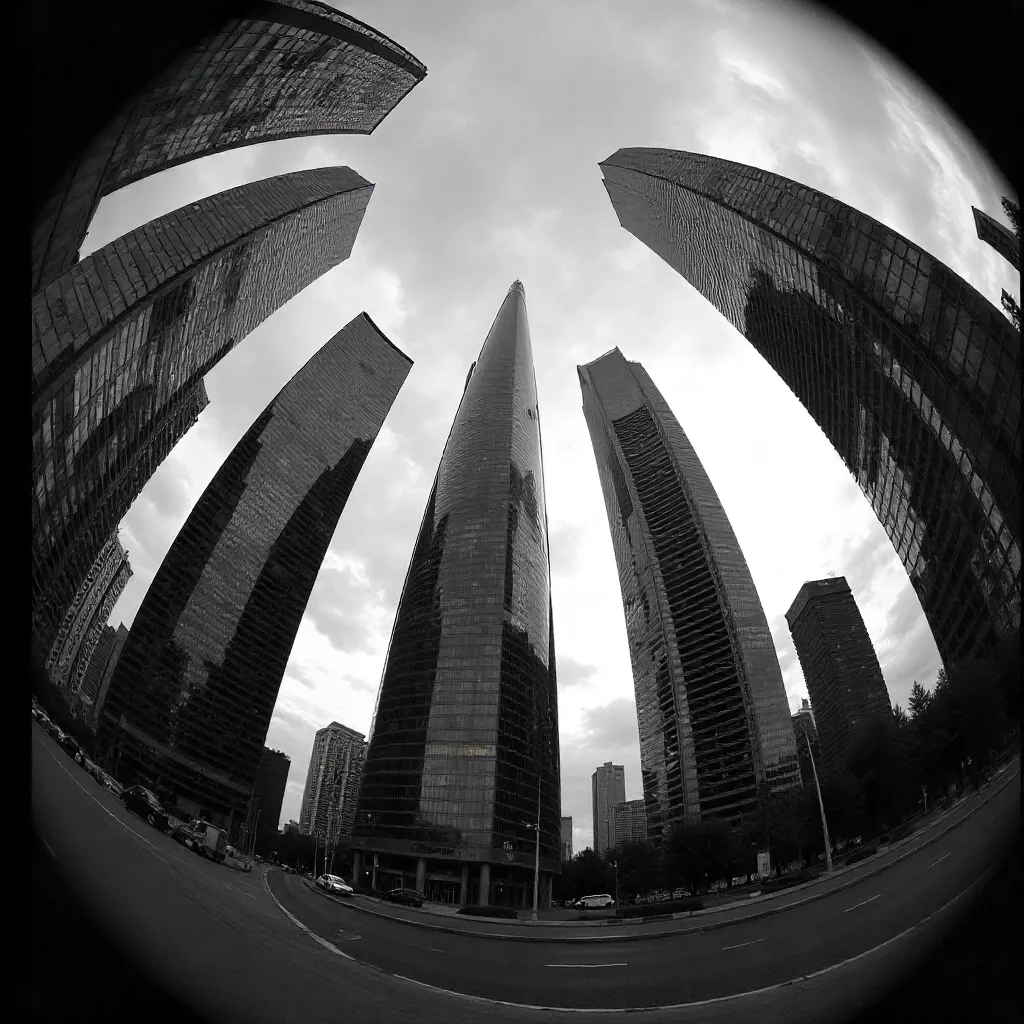 Fisheye Noir: Astana Skyscrapers in Monochrome