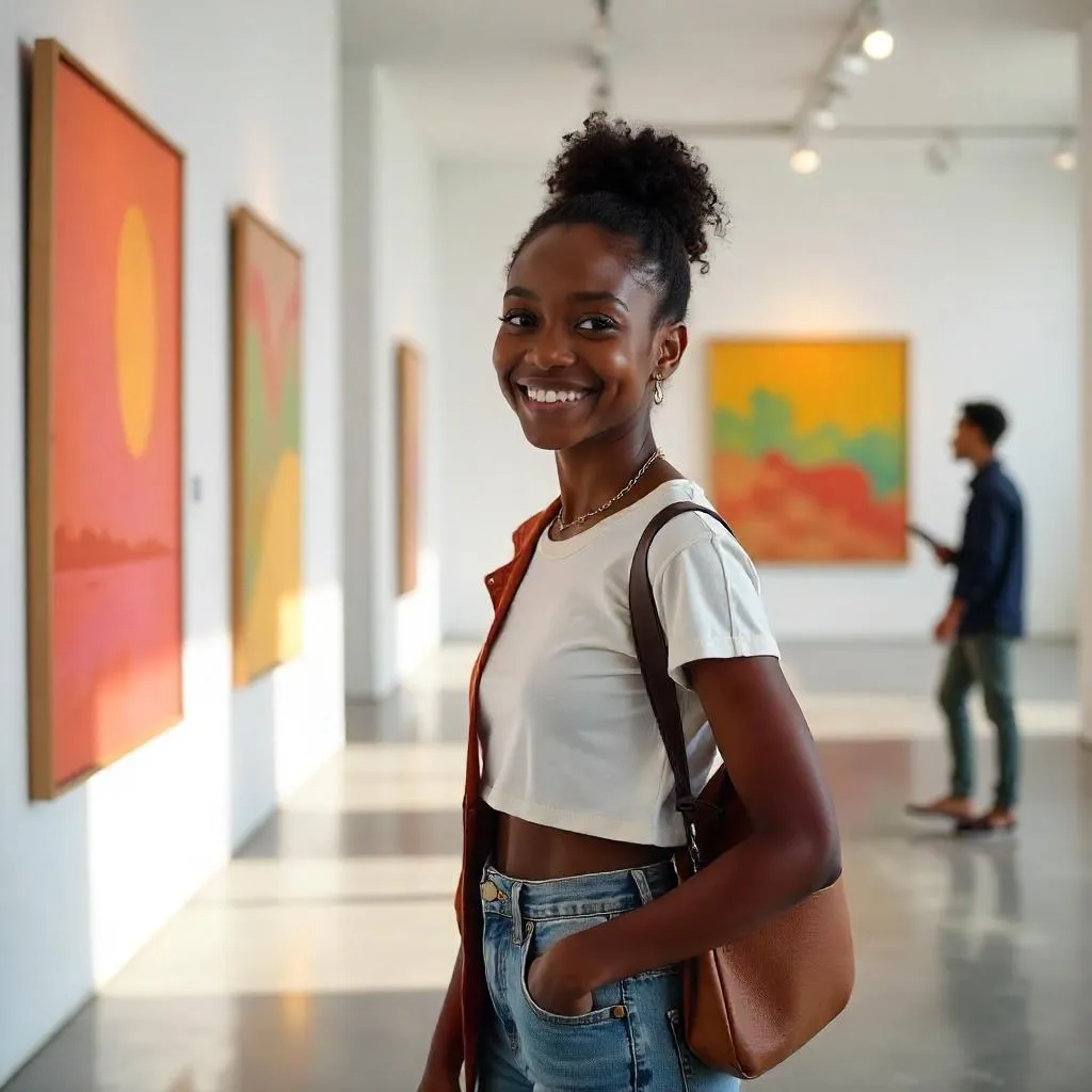 Cheerful Black Girl in a Modern Art Gallery