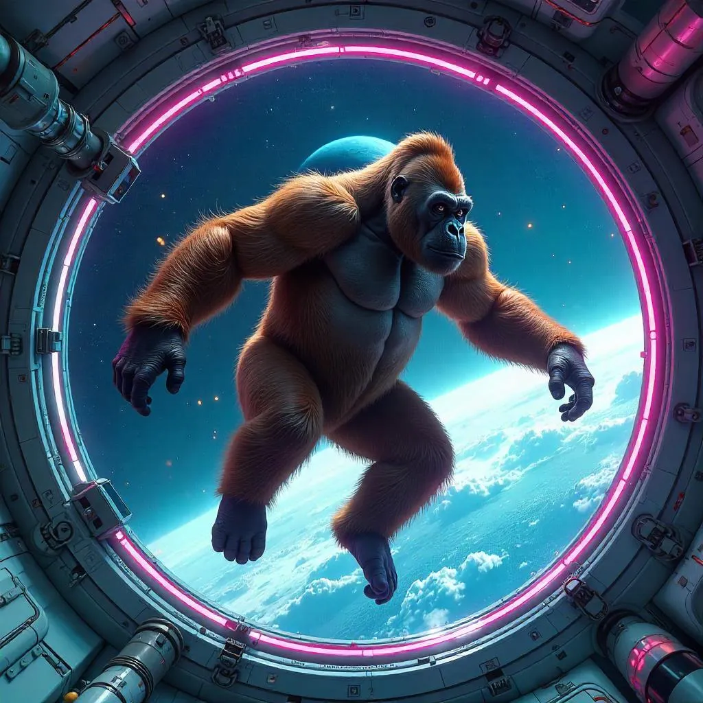 Gorilla in Zero-Gravity: Neon Space Station