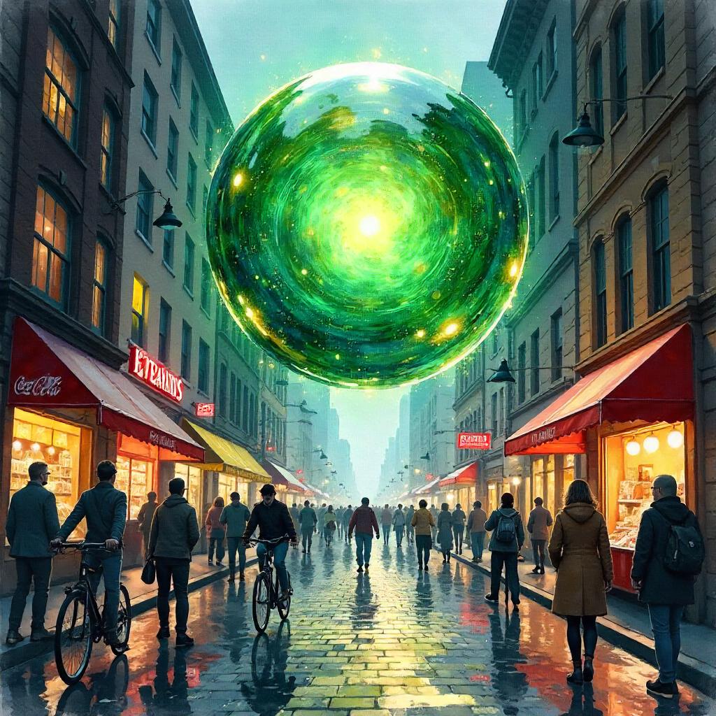 Watercolor Magic Orb Over a Busy City Street