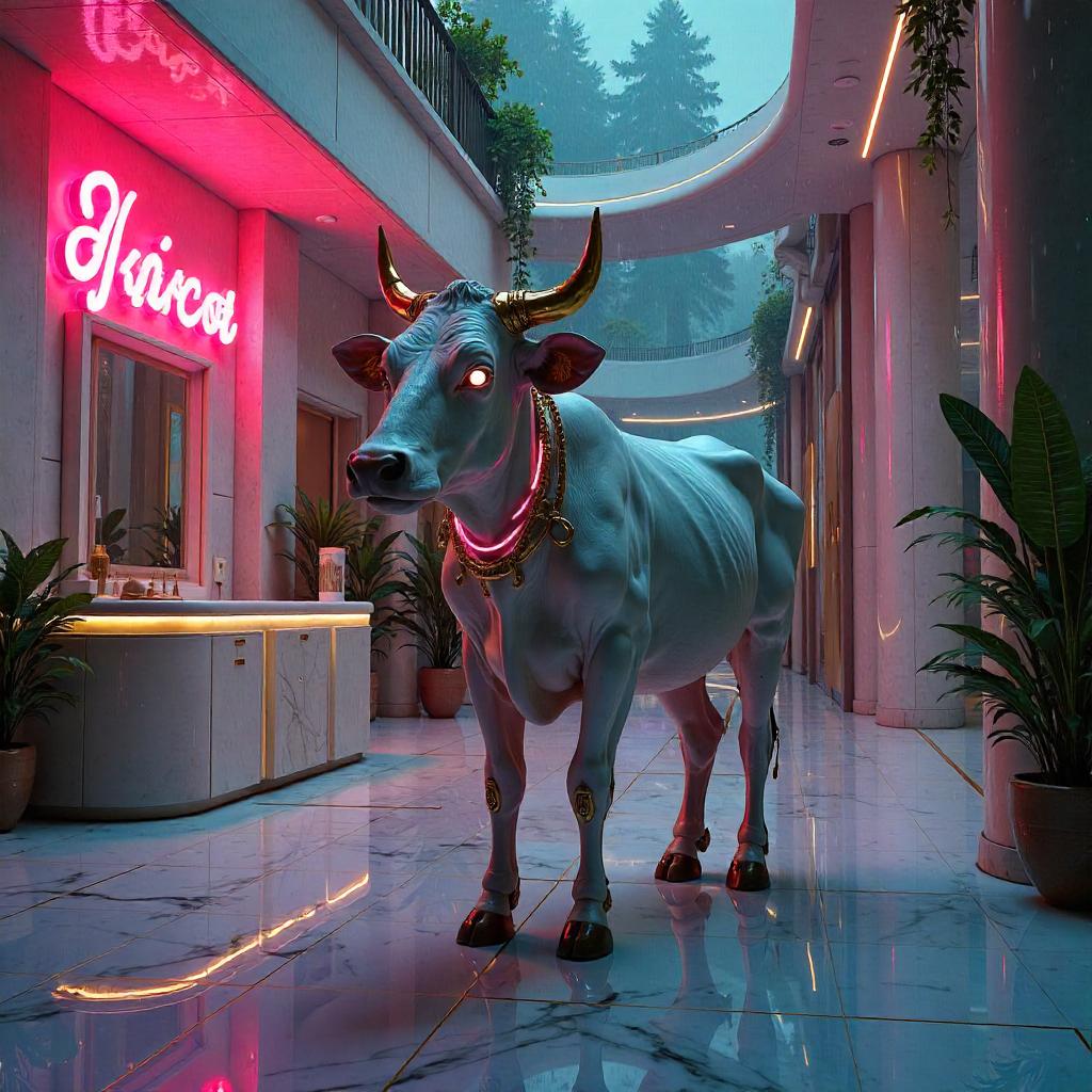 Cyberpunk Cow in a Neon Villa Oasis