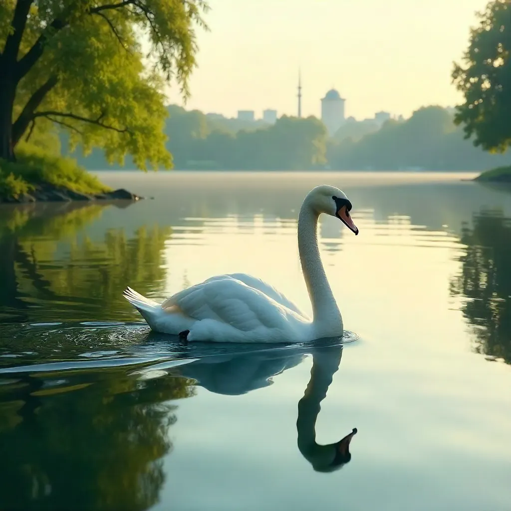 Graceful Swan on Zagreb's Lake Jarun at Dawn