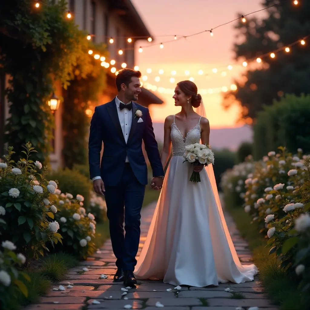 Sunset Stroll Under String Lights in Wedding Attire