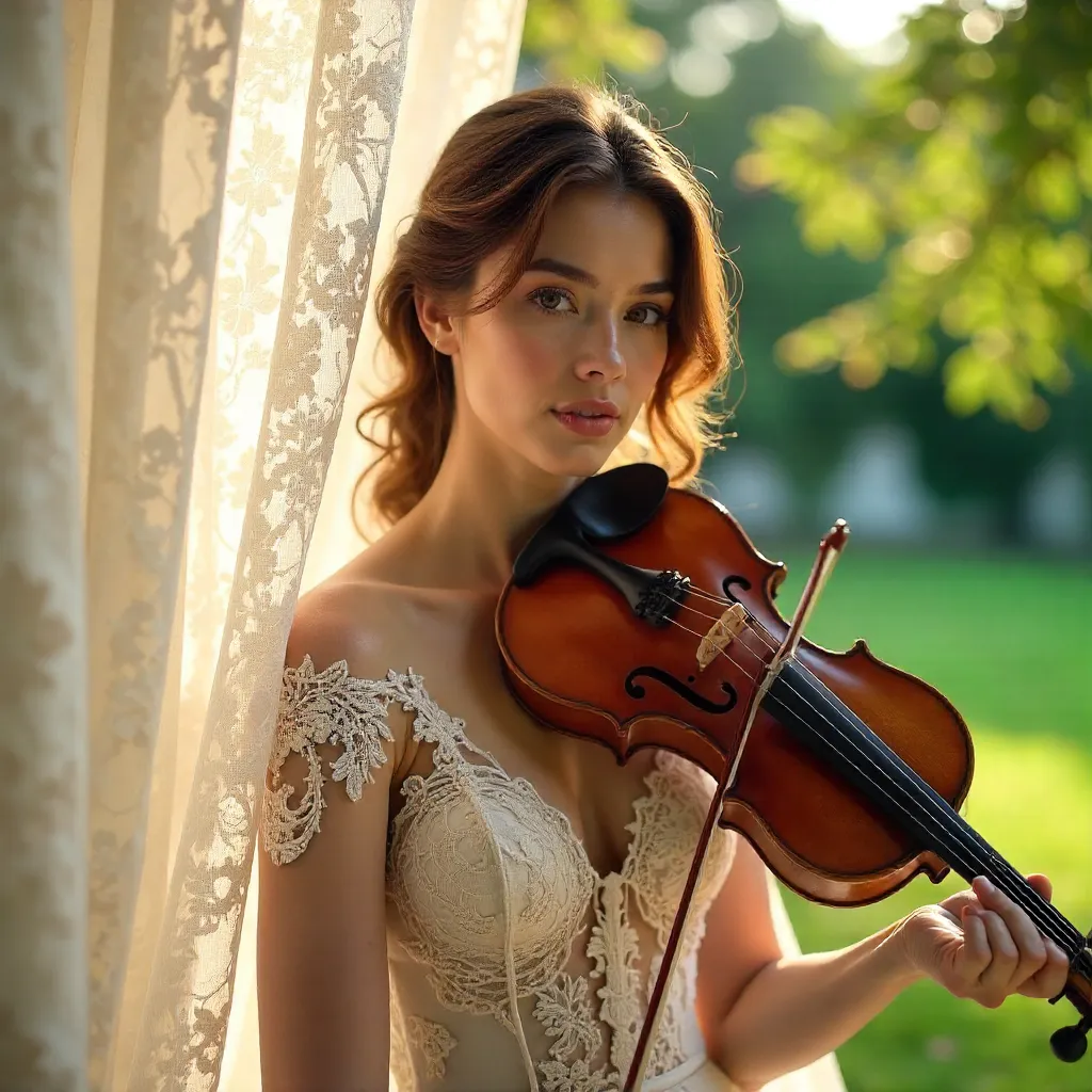 Lace Curtain Serenade: Violinist in Golden Hour