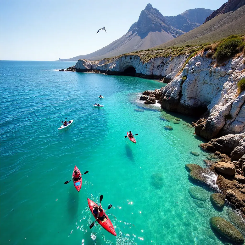Kayakers near Robberg Peninsula’s rugged coast