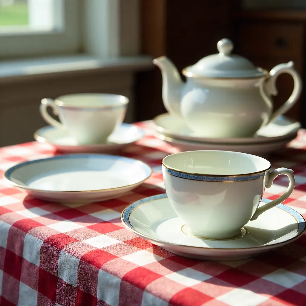 Elegant Porcelain Still Life on Checked Tablecloth