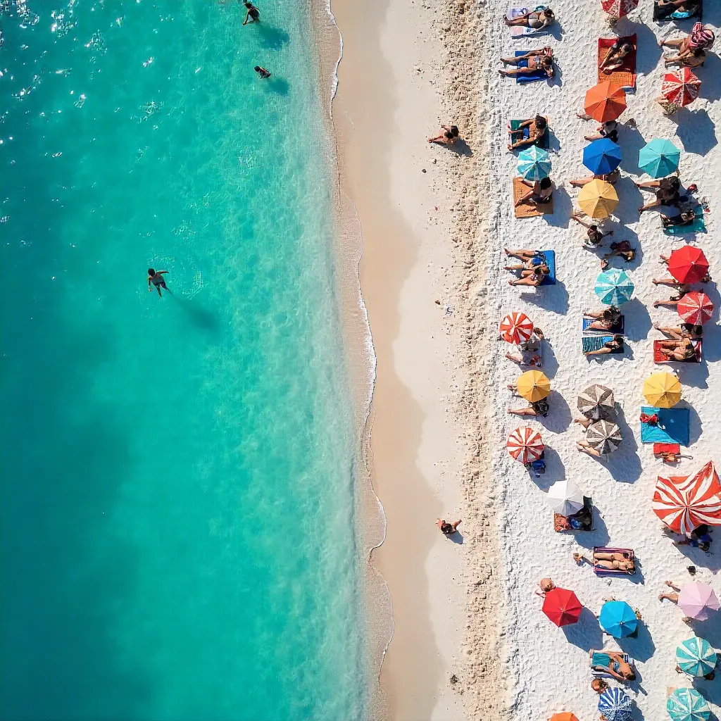Aerial Beach Day: Sunbathers, Umbrellas, and Swimmers