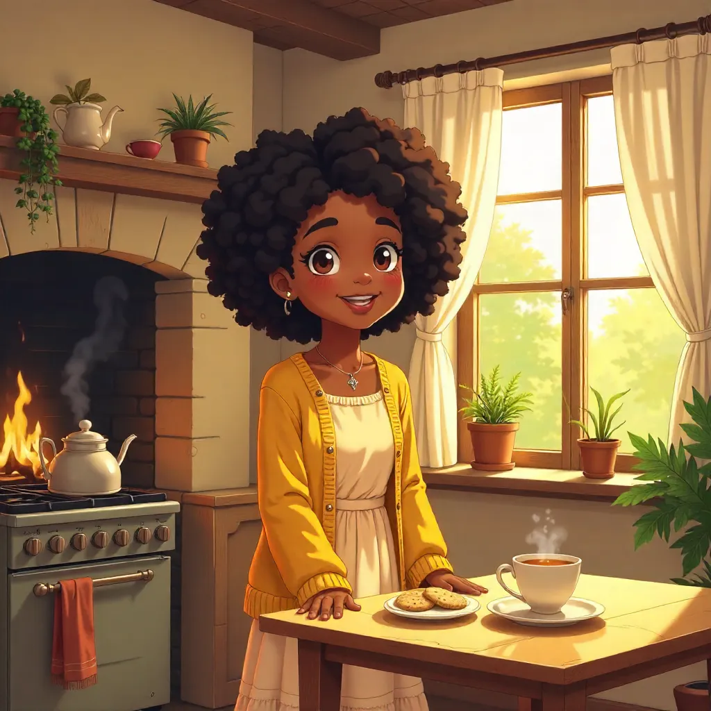 Cheerful Black Girl in a Cozy Cottage Anime Style