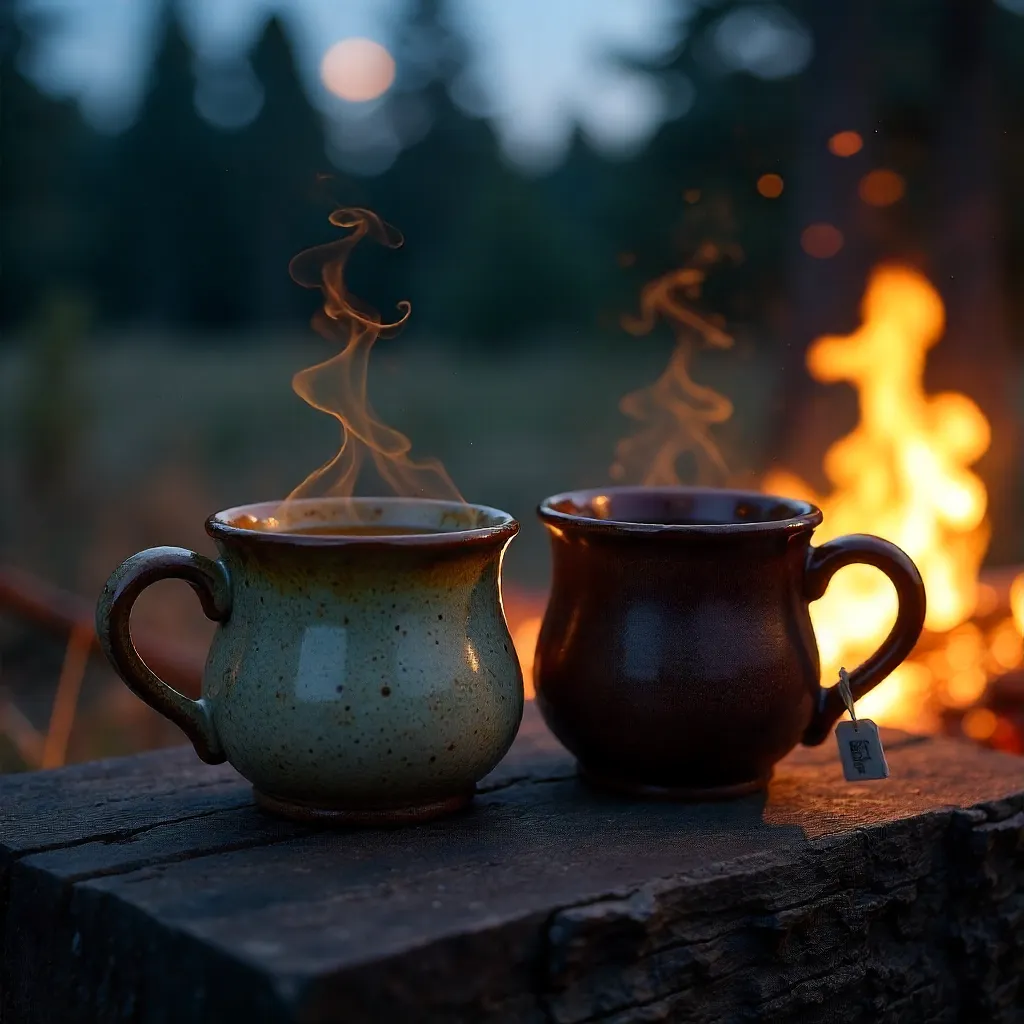 Close-Up Tea and Coffee Mugs by a Campfire