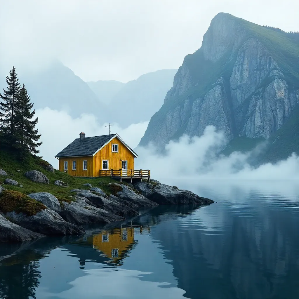 Mist-kissed Yellow House in Nordland Fjord