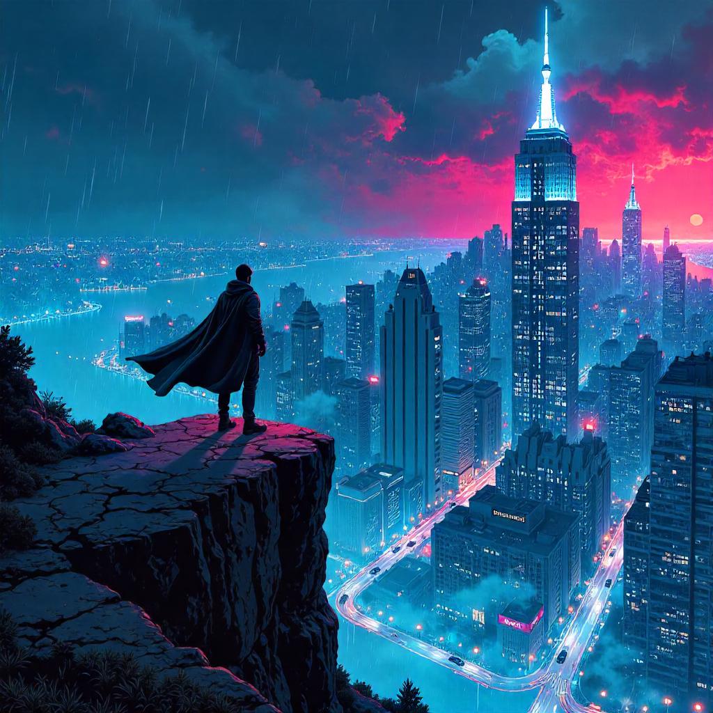 Neon Cliff Overlooking a Cyberpunk City