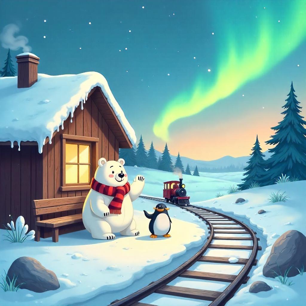 Cartoon Tundra Train Station in Snowy Twilight