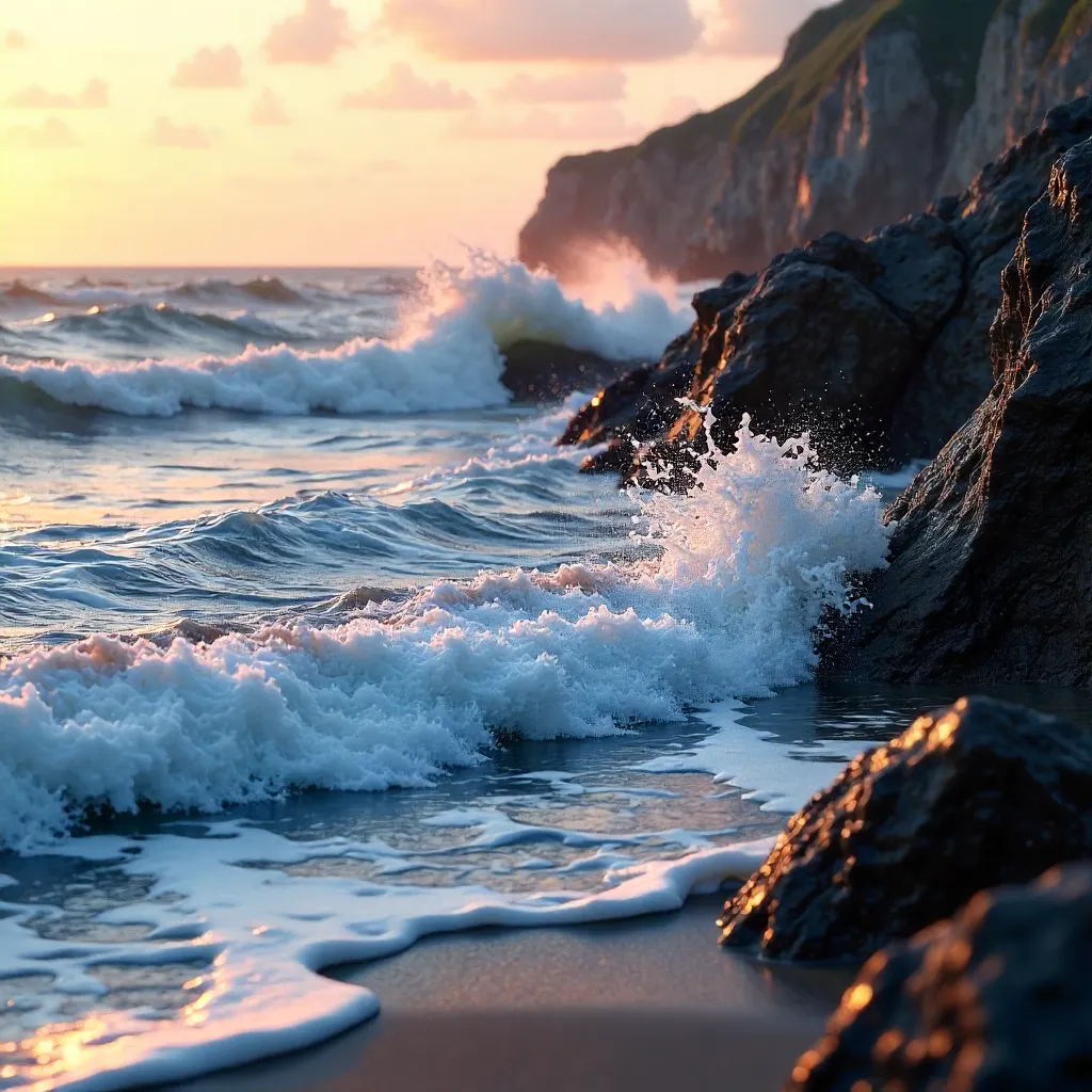 Waves Crashing on a Rugged Rocky Shoreline at Golden Hour