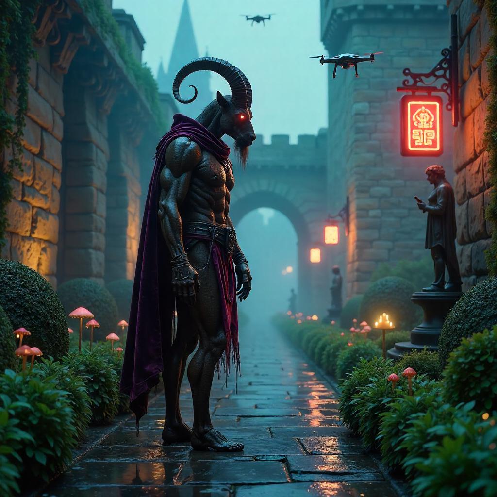 Neon Satyr in a Castle Garden Cyberpunk