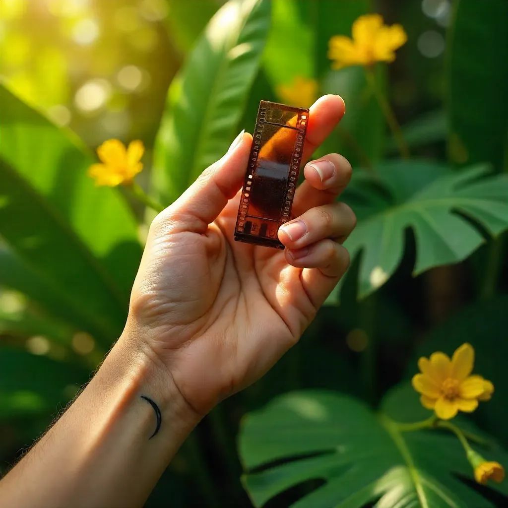 Moon-Tattooed Hand Holding Film Roll Among Leaves